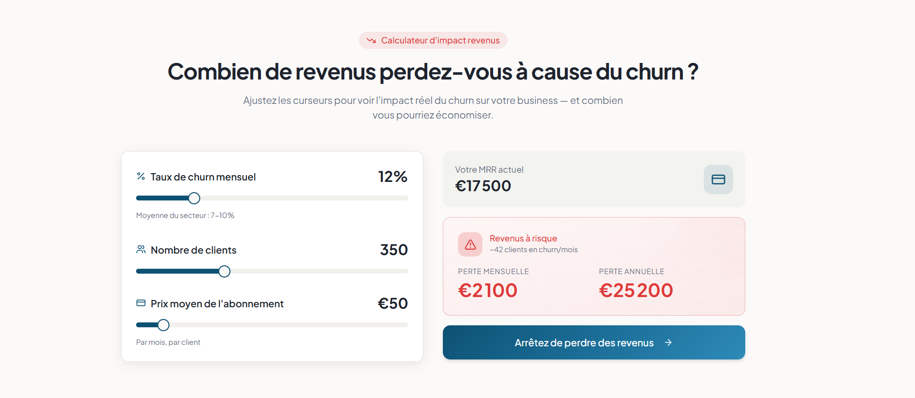 Calculateur montrant l’impact financier de l'attrition sur un SaaS